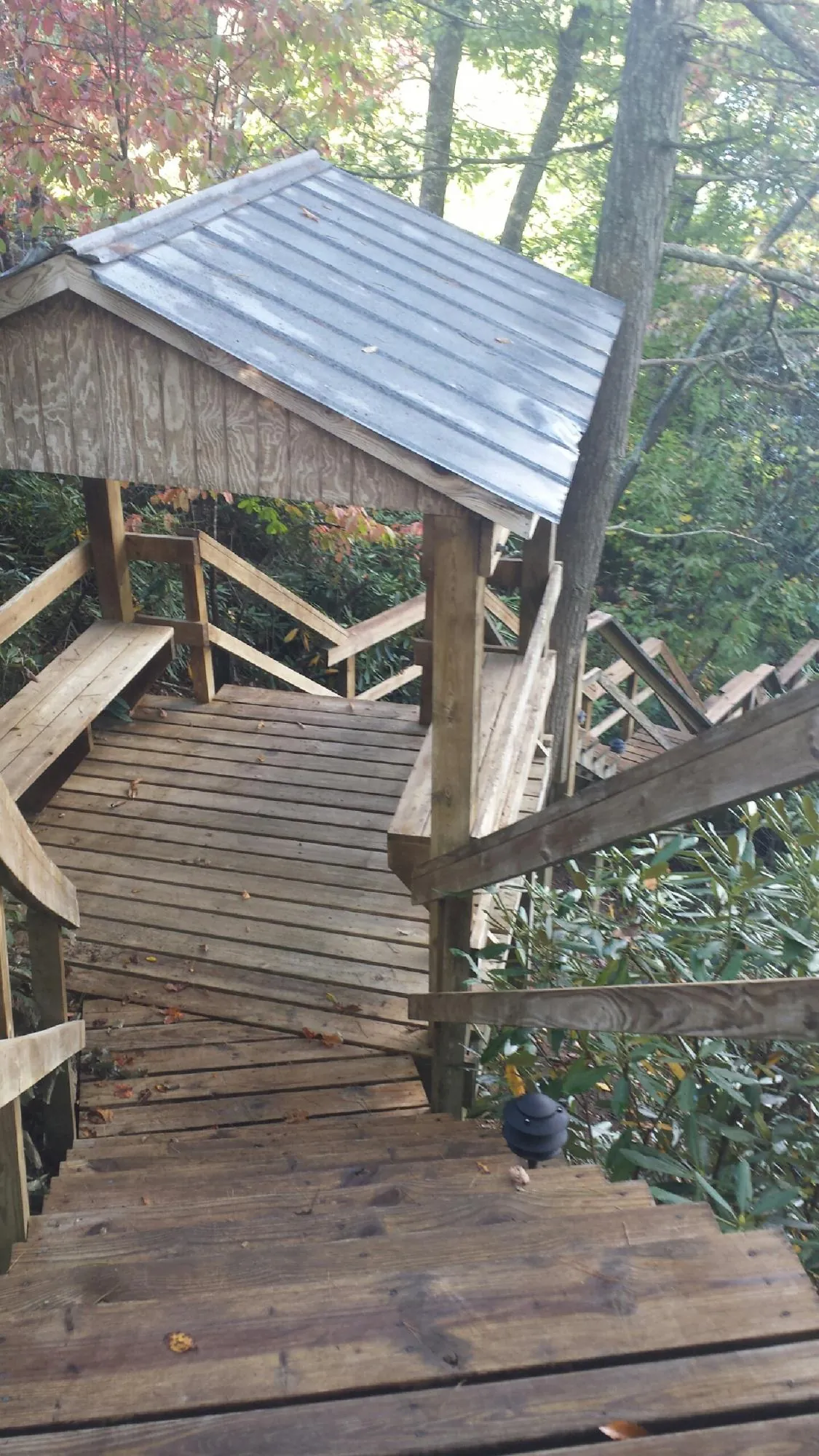 Metal roofed shelter over wooden steps on a wooded walkway — Skylight Repair & Installation work by our crew in Vancouver